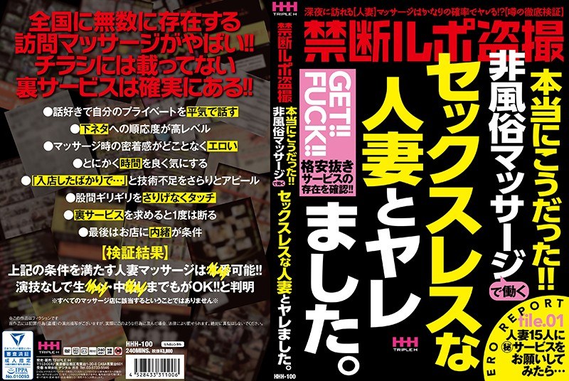 HHH-100 禁断ルポ盗撮 本当にこうだった！！非風俗マッサージで働くセックスレスな人妻とヤレました。